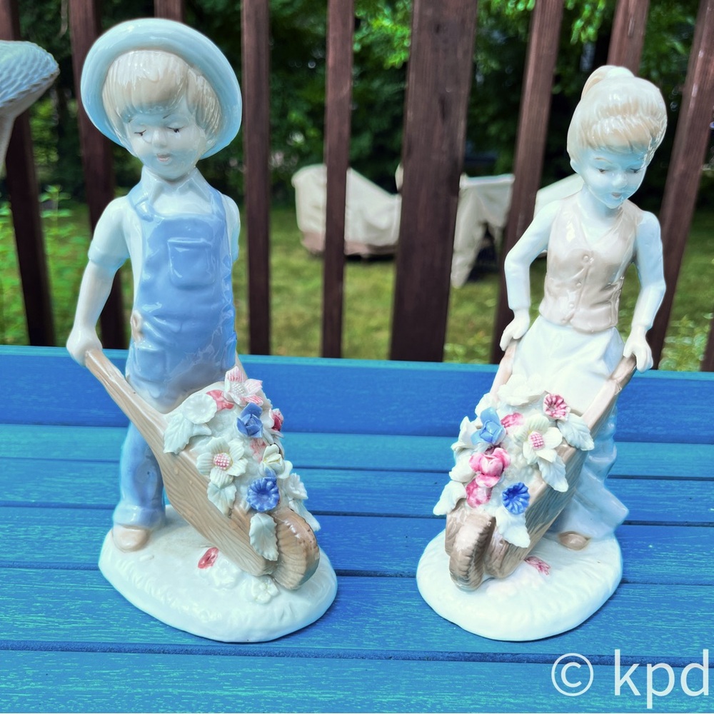 Lenwile Aldart Figurines Boy & Girl with Flower Filled Wheelbarrows ~ Japan